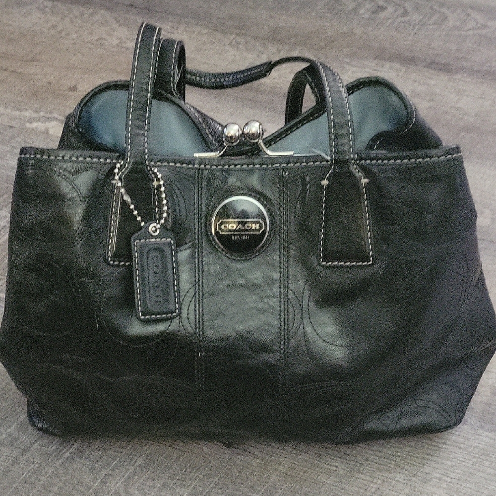 Coach Black Leather Tote with Silver Hardware
